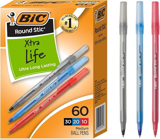 BIC Round Stic Xtra Life Assorted Ink Ballpoint Pen's, Medium Point (1.0mm), 60-Count of Bulk Pens, Flexible Round Barrel for Comfortable Writing, No. 1 Selling Ballpoint Pens (Pack of 9)