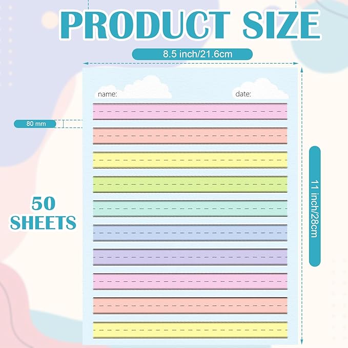 50 Sheets Multi-Color Raised Line Paper for Handwriting Practice, Wide Ruled Kindergarten Writing Paper, Double Sided, 8.5x11 inches