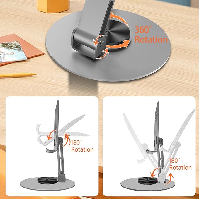 Universal Metal Cell Phone Stand, Multi-Angel Adjustable 360° Rotation Non-Slip Metal Phone Stand Compatible with iPhone 17 16 Pro Max and All Smartphones (Grey)