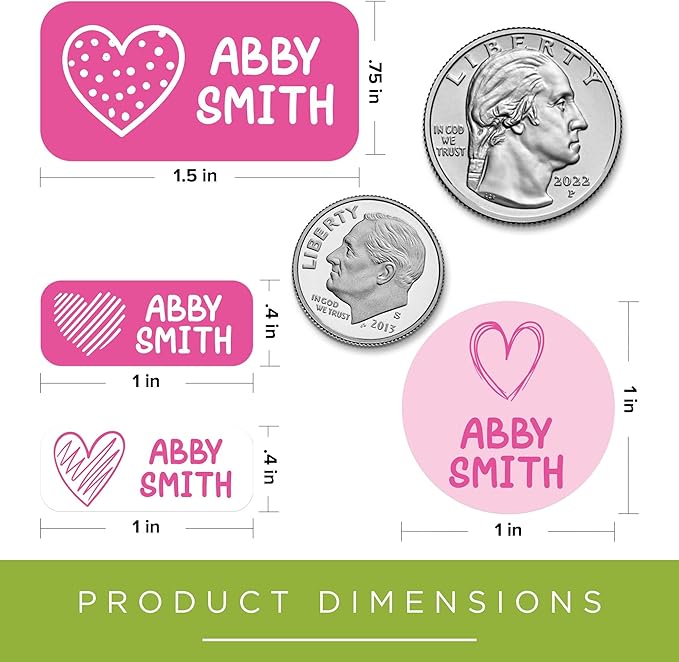 Personalized Daycare Name Labels for Kids, (130 Pack) Waterproof Custom Name Stickers for Clothing Tags, Lunch Boxes and School Supplies, Made in USA by MSC -Pink Heart