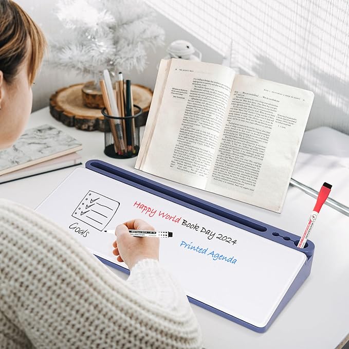 DOLLAR BOSS Glass Desk Whiteboard Small Dry Erase Board Desktop White Board with Storage Drawer Computer Keyboard Stand Desk Organizer Office Accessories School Supplies with 4 Markers 1 Eraser, Blue