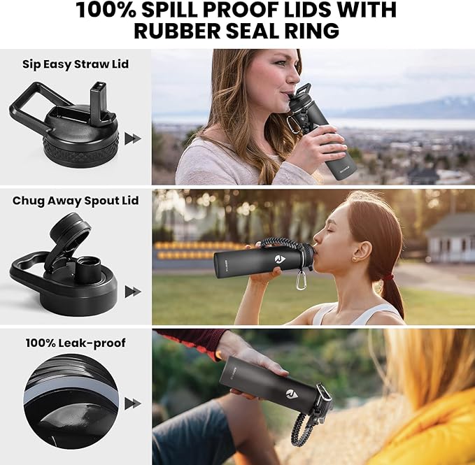 RAYMYLO Insulated Water Bottle 24oz, Triple Wall Vacuum Stainless Steel (Cold for 24Hrs, Hot for 12Hrs), Leak Proof & Non-BPA, 24oz Hydro Water Flask with Paracord Handle & Straw Spout Lids