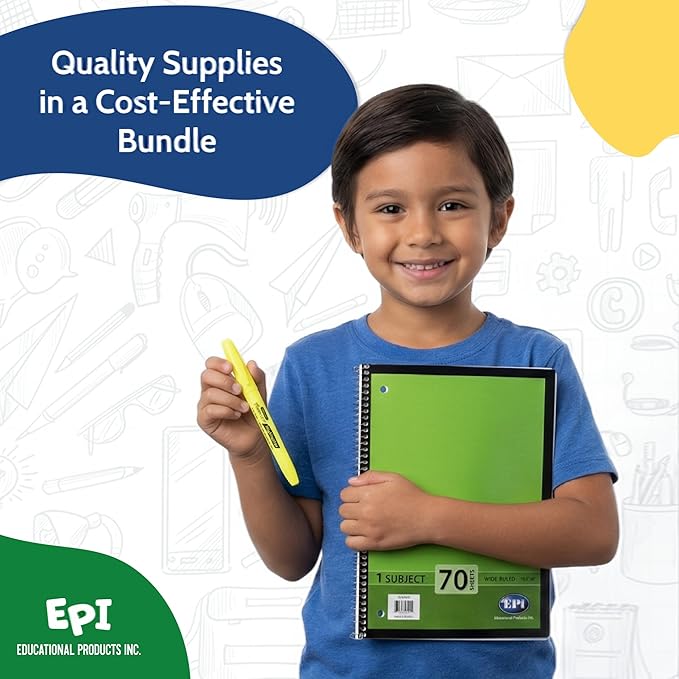 EPI Essentials Back to School Supplies for Kids 2nd & 3rd Grade – 71 Items in Kit – Elementary School Supply Packs – Wide-Ruled Bundle with Composition Notebooks – Suitable for Homeschooling
