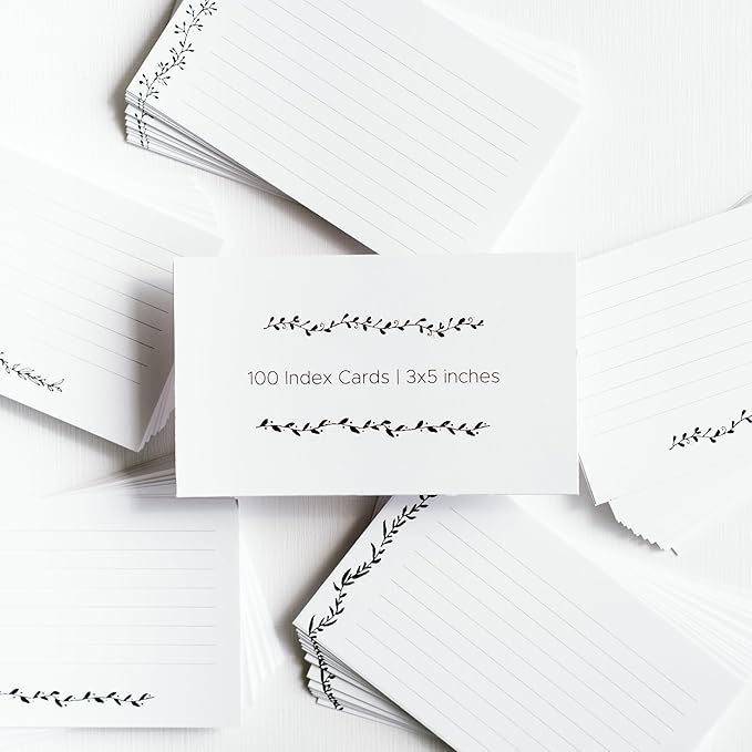 Leaf Garland Index Cards by Pure Print and Design | Floral Flash Cards Perfect For Study Sessions & Learning | 100 Cards of Premium Quality with 5 Different Designs | Black and White | 3x5 inches