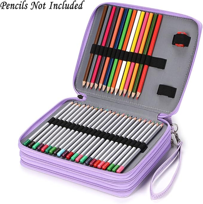 BTSKY Deluxe PU Leather Pencil Case For Colored Pencils - 120 Slot Pencil Holder with Handle Strap Handy Colored Pencil Box Large (Purple)