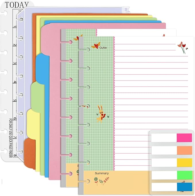 Rancco Junior Cornell Notebook Paper, 180 Pages 8 Rings Punched Half Letter Disc Paper Inserts w/Index Tabs, Index Dividers, Loose-Leaf Bag, Ruler For Circa, Arc, TUL, Happy Planner, 5.5x8.5"