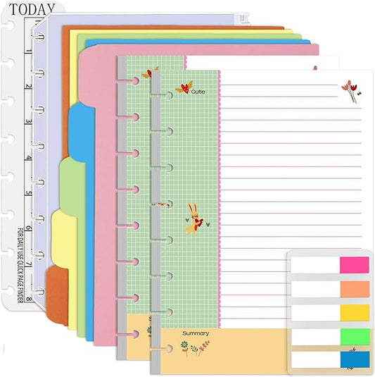 Rancco Junior Cornell Notebook Paper, 180 Pages 8 Rings Punched Half Letter Disc Paper Inserts w/Index Tabs, Index Dividers, Loose-Leaf Bag, Ruler For Circa, Arc, TUL, Happy Planner, 5.5x8.5"