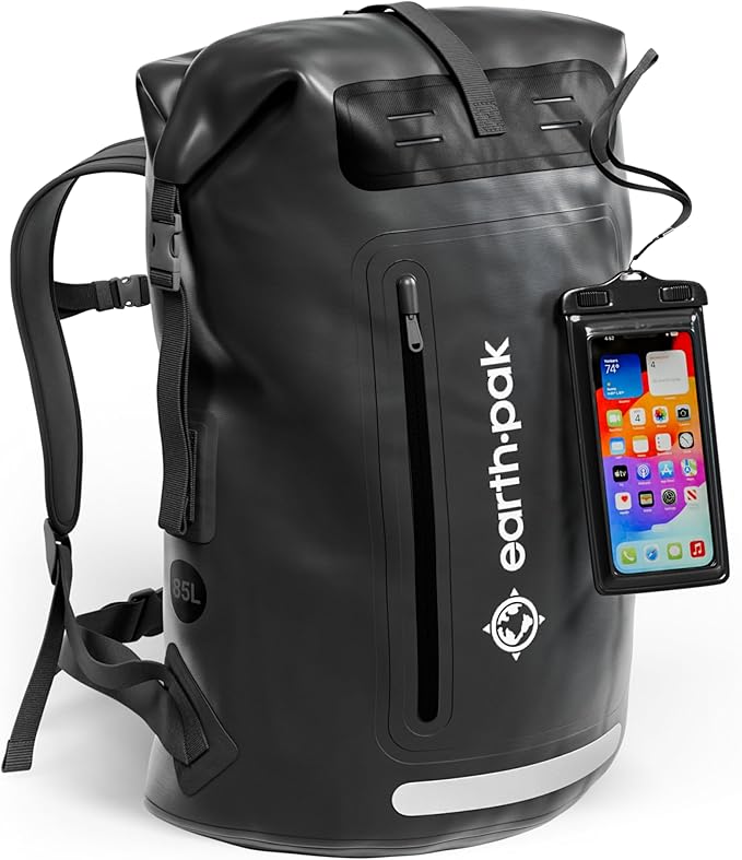 Waterproof Dry Bag Backpack 85L - Kayaking Boating Fishing Rafting Marine | Black 85L dry bag: 500D PVC, abrasion resistant build, IPX8 phone case for river and lake trips