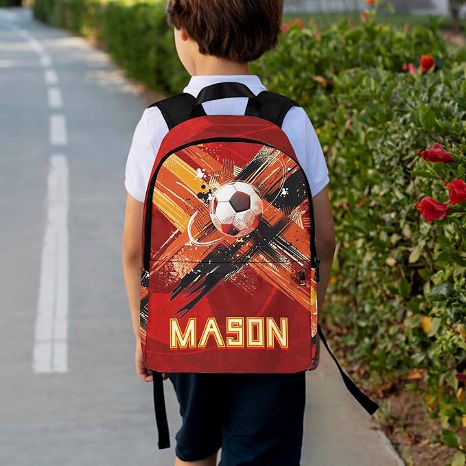 M YESCUSTOM Personalize Boys Backpack with Lunch Box, Red Football Soccer Custom Toddler Sports Backpack with Name Elementary School Kindergarten Travel Bookbag