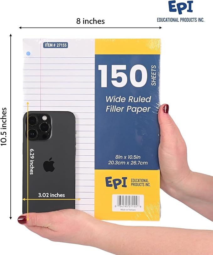 EPI Filler Paper | Wide Ruled | Loose Leaf, 3-Hole Punched, 10.5 x 8 in, 150 Sheets | School, Office, Notes, Binder Refill - 36 Pack