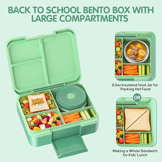 HOMETALL Bento Box for Kids with 8.5oz Insulated Food Jar - Leakproof Bento Lunch Box Kids Lunch Bag Set for Back to School Ages 3 to 14, Lunchbox Snack Containers Reusable On-the-Go Meal Prep,Green