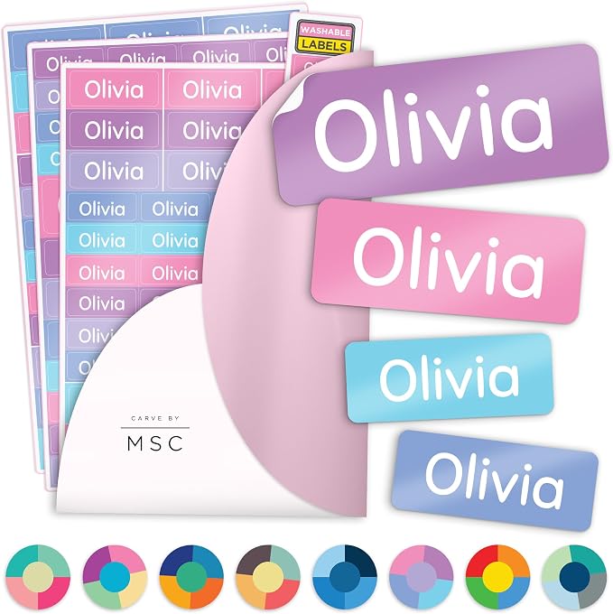 Personalized Daycare Name Washable Labels for Kids, (140 Pack) Waterproof Custom Name Stickers for Clothing Tags, Lunch Boxes and School Supplies, Made in USA by MSC -Pastel