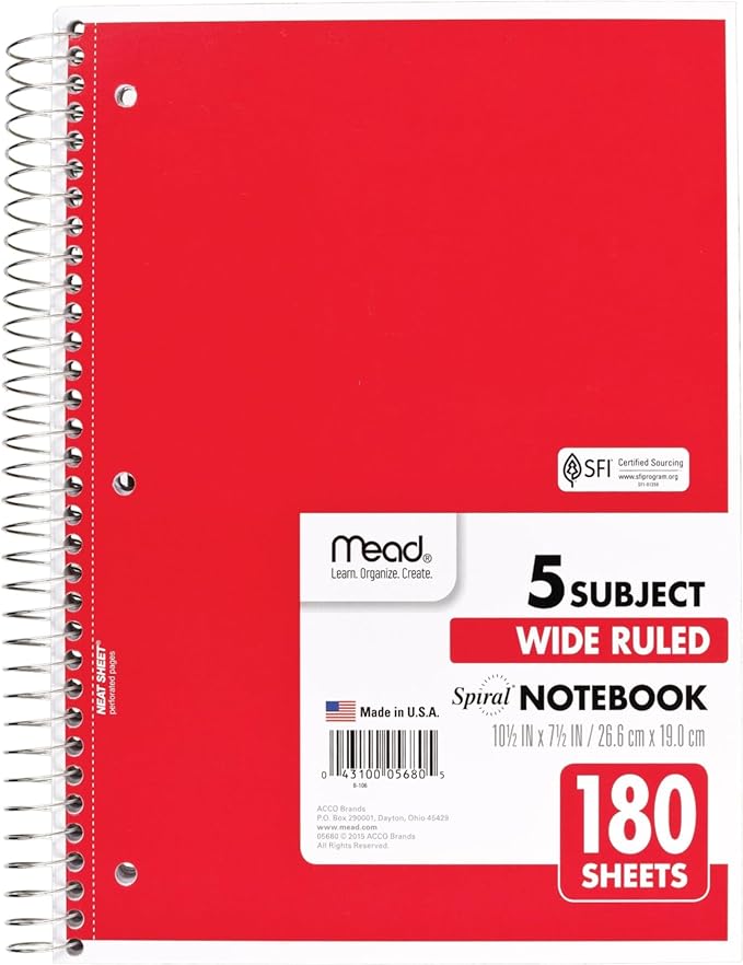 Mead Spiral Notebook, 5 Subject, Wide Ruled Paper, 7-1/2"x 10-1/2", 180 Sheets, Color Will Vary (930205-25)