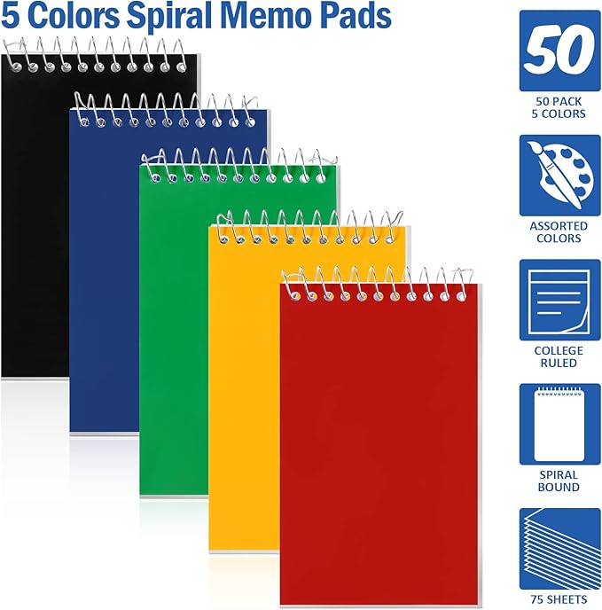 Teling 50 Pcs Spiral Memo Pads Bulk, 3x5 Inch Small Note Pads, Pocket Notebooks with 75 Sheets College Ruled Lined Paper, Top Bound Mini Spiral Notepad for Back to School Gifts Office Home Supplies