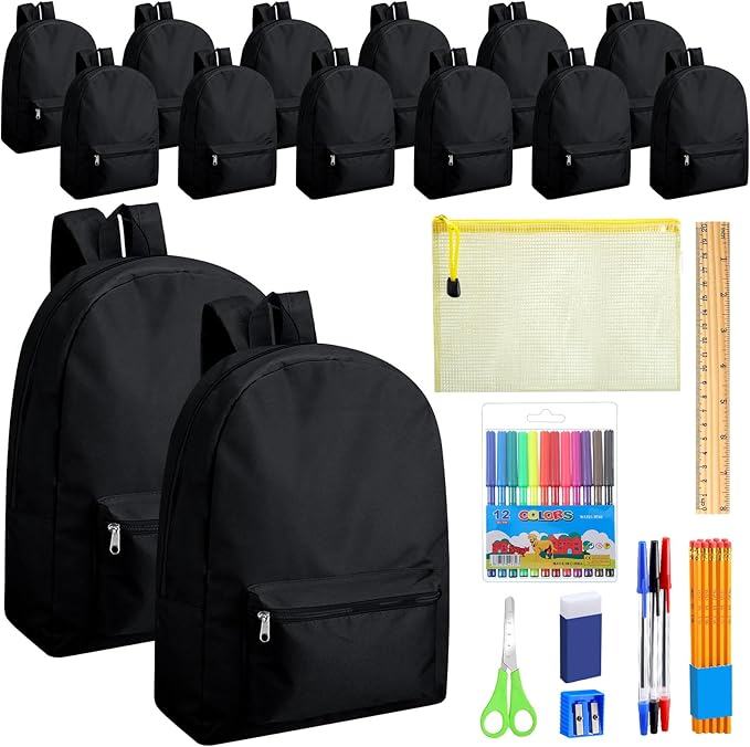 Silkfly Black 24 Pack 17'' Backpacks Bulk with 24 Stationery Supply Sets, Bookbags and Writing Accessories Kit for Donation