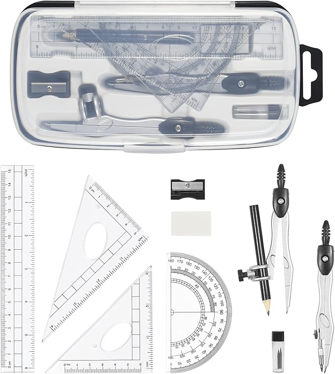 Unjoo Math Geometry Kit Sets 10 Piece Student Supplies with Shatterproof Storage Box,Includes Rulers,Protractor,Compass,Eraser,Pencil Sharpener,Lead Refills,Pencil,for Drafting and Drawings（Black）