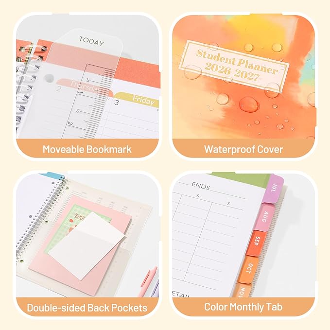 Student Planner 2026-2027, SUNEE Middle or High School Datebooks Student Planner for Academic Year Jul. 2026 - Jun. 2027, 6.5" x 8.3" Lesson Plan Book with Bookmark, Planning Stickers, Pastel Draw