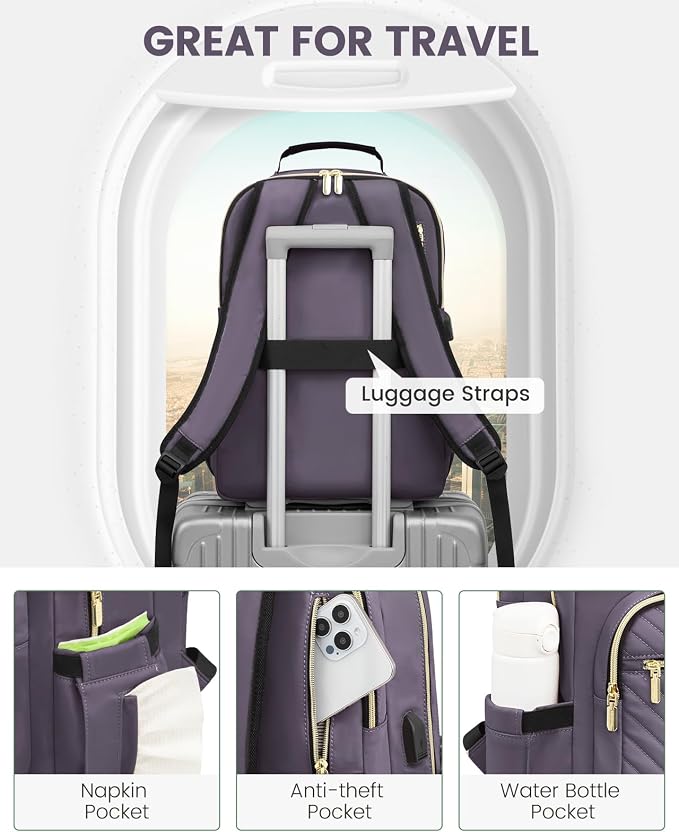 LOVEVOOK Laptop Backpack Purse for Women, Large Capacity Travel Business Computer Work Bag, Quilted Casual Nurse Backpack for Womens, Fit 15.6 Inch Laptop with USB Port, Purple Grey