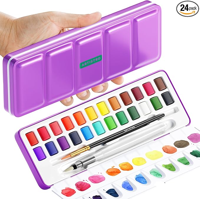 ARTISTRO 24 Color Watercolor Paint Set - Portable Paint Art Kit with Palette and Brush Pens - Travel Water Color Set for Adults, Professionals, Kids - Art and Painting Supplies - Gift Idea