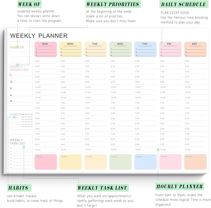 Undated Weekly Hourly Planner Notepad, Tear-Off ADHD Planner,Weekly Planner,Weekly Schedule Planner,Weekly To Do List Notepad(52 Sheets,8.5"x11",Macaron Color)
