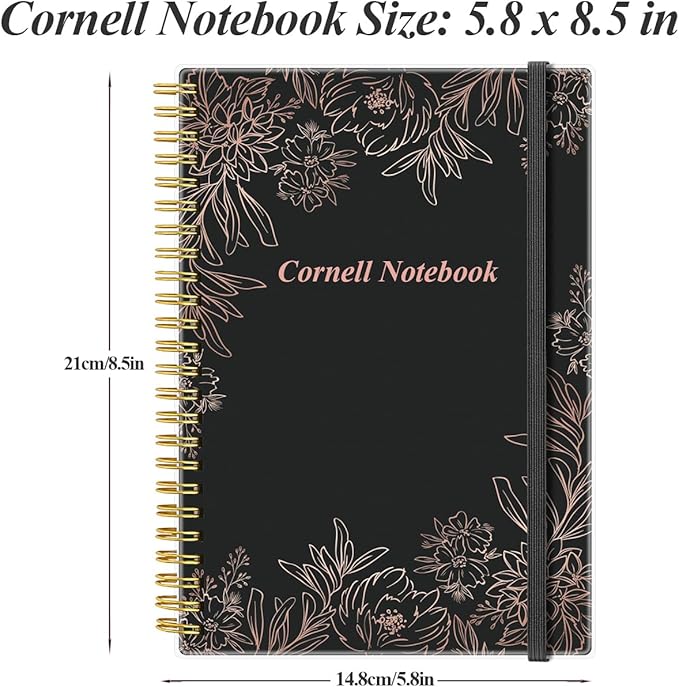 Yaridar A5 Cornell Notes Notebook - College Spiral Cornell Notebooks for Note Taking, Subject College Ruled Steno Pads for Office/School/Home, 5.8" x 8.5", Black Flower