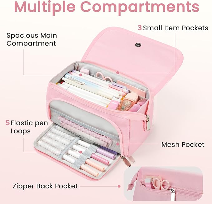 Sooez Super Large Pencil Case, Big Capacity Pencil Bag with 3 Compartments, Hold 200 pencils, Cute Pencil Pouch with Zipper, Portable Stationery Pen Bag, Aesthetic School Supplies For Girls, Pink