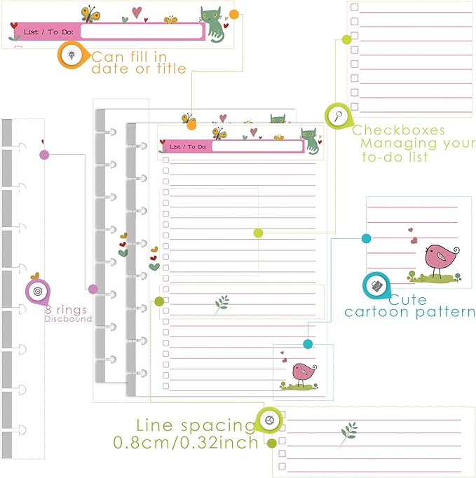 Rancco Junior To-Do List Planner Refills Set, 180 Pages 8 Rings Punched Half Letter Disc Paper Inserts w/Index Tabs, Index Dividers, Loose-Leaf Bag, Ruler For Circa, Arc, TUL, Happy Planner, 5.5x8.5"