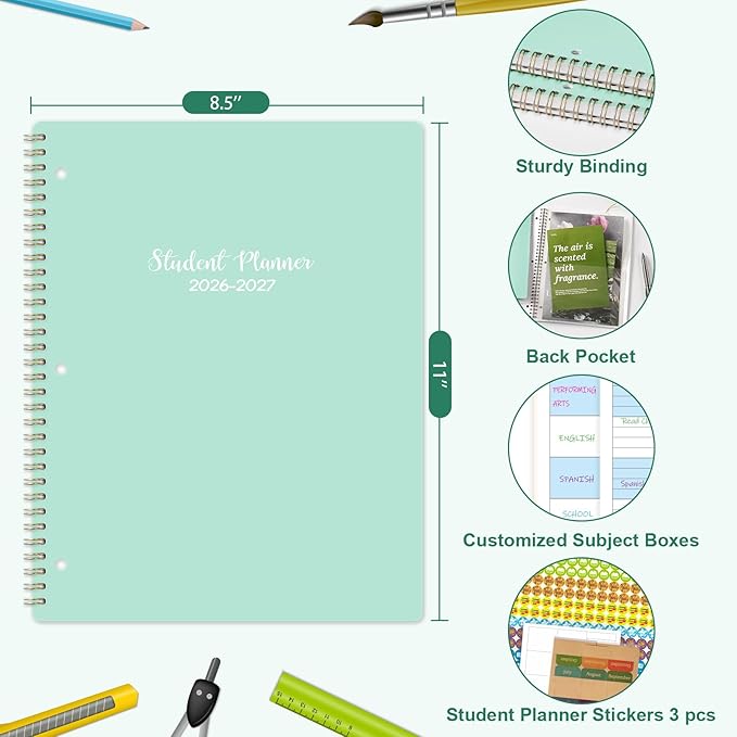 Student Planner 2026-2027 - School 2026-2027 Planner with Customized Subject Boxes, July 2026 - June 2027, 8.5" × 11", Academic for School, 3 Different Stickers, Back Pocket