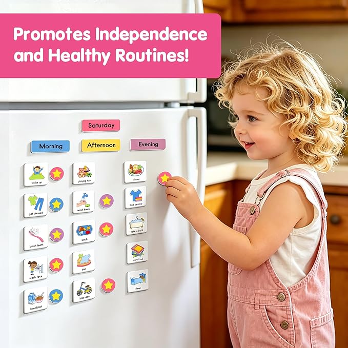 Visual Schedule for Kids, 170 Magnetic Visual Cards & Tri-Fold Magnetic Board, Daily Routine Chart for Autism ADHD, Toddler Morning Bedtime Chore Planner for Home Classroom, Visual Routine Board for Nonverbal Special Needs Children