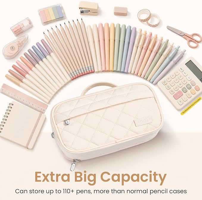 Sooez Large Pencil Case, Pencil Pouch with Handle, Pen Bag Marker Organizer | Soft Quilted, 7 Compartments, Wide Opening, Smooth Sturdy Zippers, Aesthetic Design, School Supplies for Teen Girls & Women