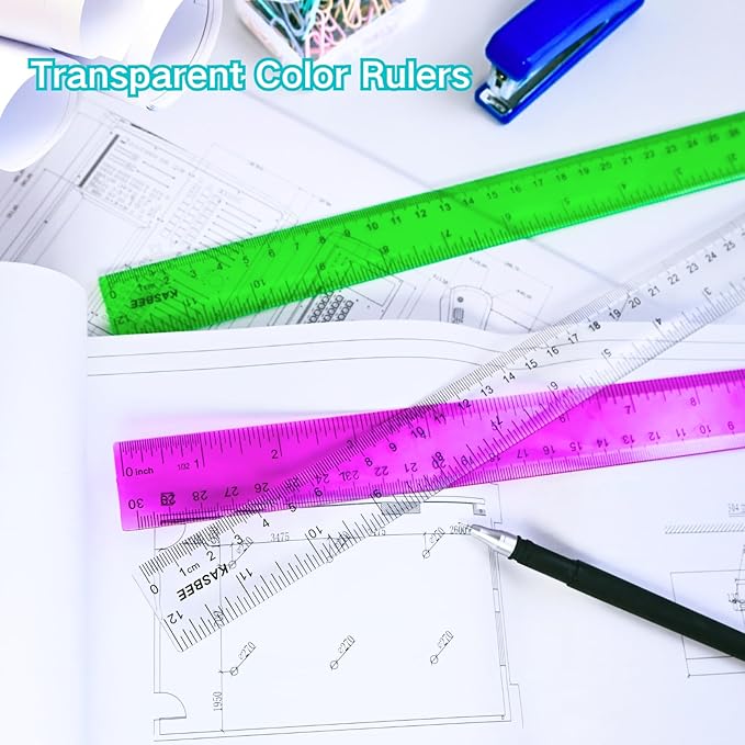 12 Inch Clear Ruler, Kids Ruler, School Ruler, Colored Plastic Rulers, in and cm, Pack of 7