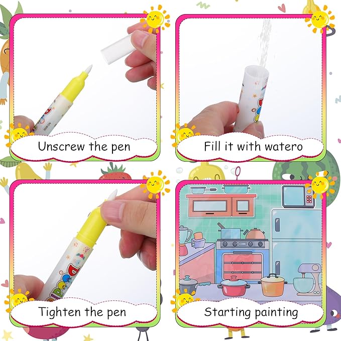 Vodolo Water Painting Book for Toddlers - 2 Pack Reusable Magic Water Coloring Book with 4 Water Pen 2 Brush - Mess Free Painting for Toddlers,No Mess Paint Coloring for Ages 3+ Travel Activity Toys
