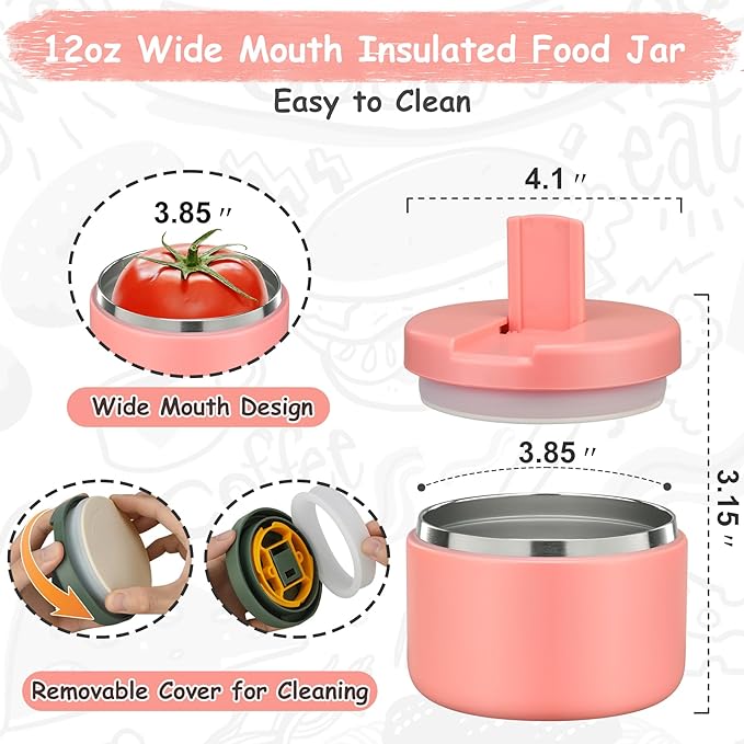 Pawtong 12oz Insulated Vacuum Food Jar with Buckle Lid Wide Mouth Soup Thermo for Hot Food Kids Leakproof Stainless Steel Lunch Container- Pink- 1Pack