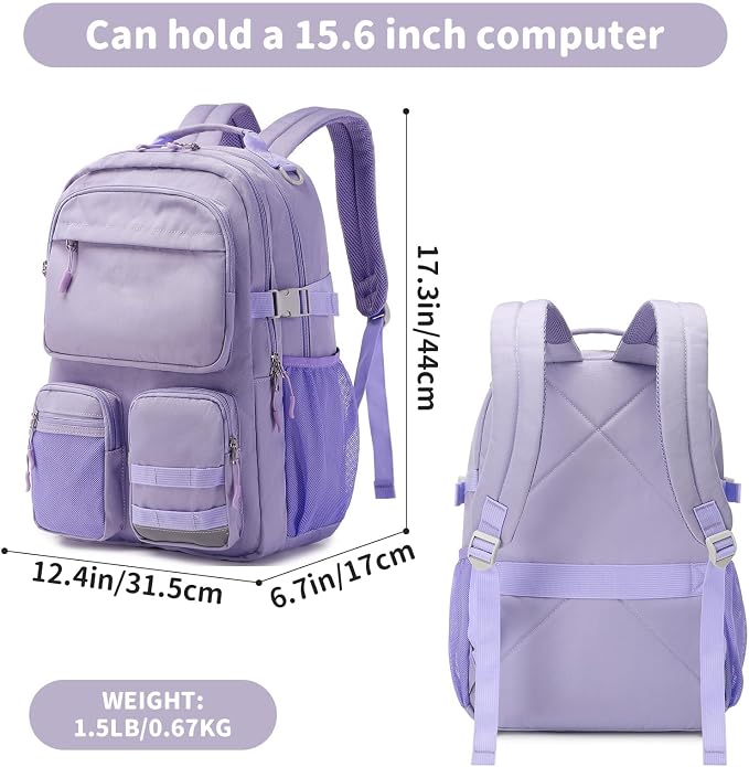 Lohol Water Resistant Backpack with Multifunctional Pockets for Teens, Durable Bookbag fits 15.6 inch Laptop for School Travel College, 25L (Purple)