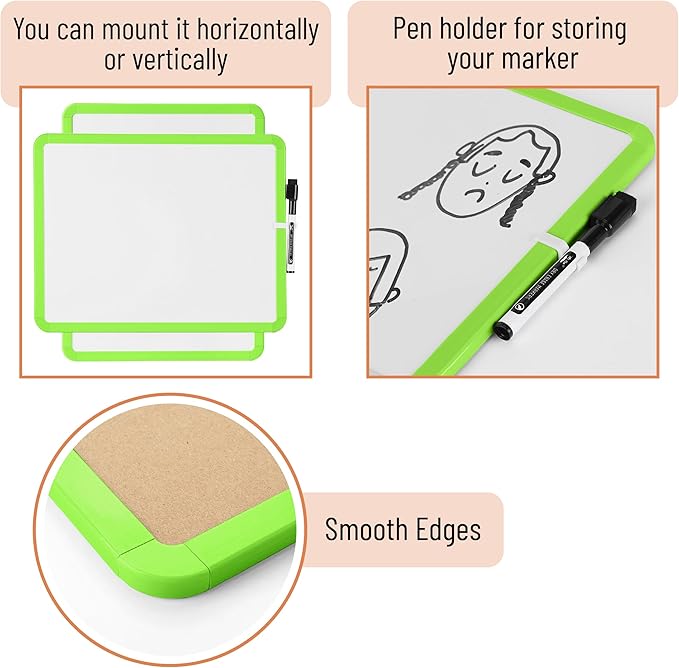 Mr. Pen- Dry Erase Board, 14” x 11” with a Black Dry Erase Marker, Lawn Green Frame, Small Mini White Board for Students, Fridge, Wall, Locker, Includes Double Sided Tapes
