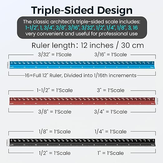2 Pcs Architectural Scale Ruler 12 Inch, Aluminum Architect Ruler & Metal Ruler Set, Imperial Engineer Scale for Blueprints, Drafting Ruler for Architects, Students, Draftsmen, and Engineers (Blue)