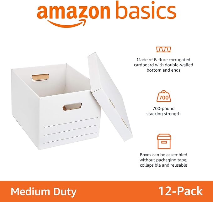 Amazon Basics Medium Duty Storage/Filing Boxes with Lid and Handles, Legal/Letter Size, Collapsible, Foldable, Tape-Free Assembly, 16.2" L x 12.5" W x 10.5" H, White, 12-Pack