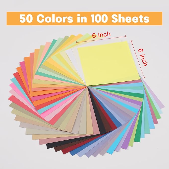 Origami Paper 50 Colors 100 Sheets 6" x 6" , Double Sided Color Origami Kit for Crafts & Art, Allow for Easy & Intricate Folding