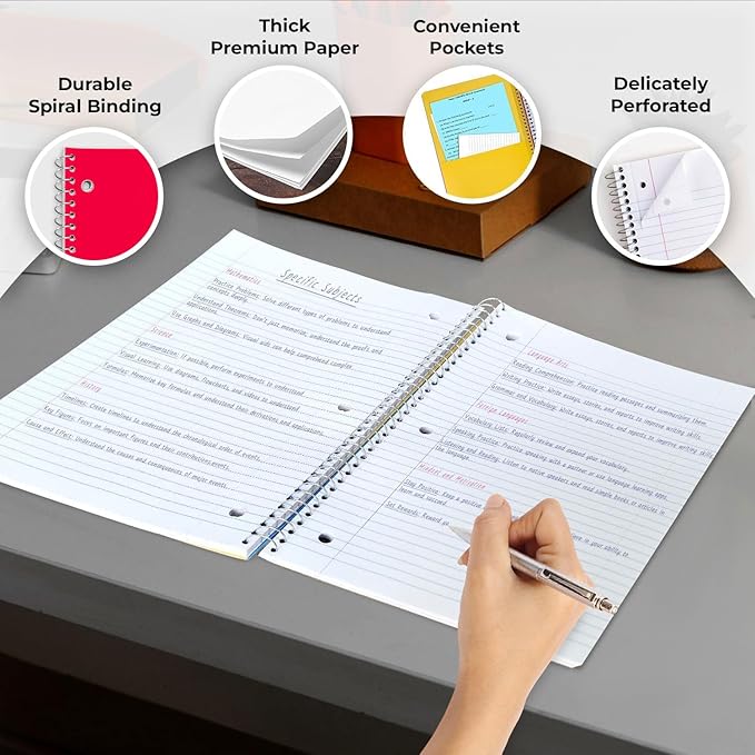 Rosmonde 24 Pack Spiral Notebook, 5 Subject, 300 Pages/Book (150 Sheets), Wide Ruled, 8 x 10-1/2, Office Spiral Notebooks, Bulk Subject Notebooks for School & Office, Soft Cover, Assorted Colors