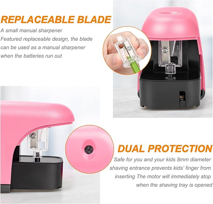 Eagle Electric Pencil Sharpener, Battery Powered Sharpener, LED Light Shinning During Sharpening, Portable, with Reusable and Replaceable Blade, Suitable for Kids, Ideal School Office Supplies (Pink)