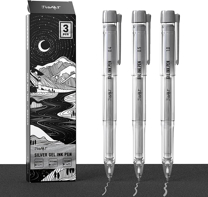 JusArt Silver Pens with 0.4mm, 0.5mm & 1.0mm Assorted Tips, Opaque Ink Gel Pens for Black Paper, Drawing, Journaling & DIY Crafts, Ideal Drawing Pens for Artists & Art Supplies, 3 Pack