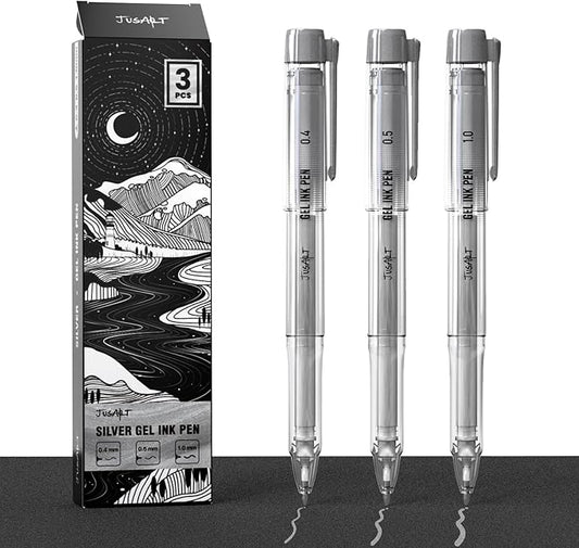 JusArt Silver Pens with 0.4mm, 0.5mm & 1.0mm Assorted Tips, Opaque Ink Gel Pens for Black Paper, Drawing, Journaling & DIY Crafts, Ideal Drawing Pens for Artists & Art Supplies, 3 Pack