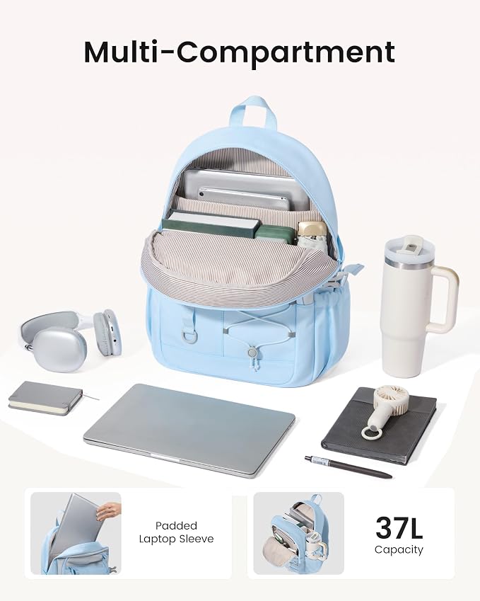 LOVEVOOK School Backpack for Girls, Large Capacity 16 Laptop Backpack with Tumbler Pockets, Multi-Compartment Backpacks with Lucky Bunny Charm, Water-Resistant Travel Backpack, Ice Blue