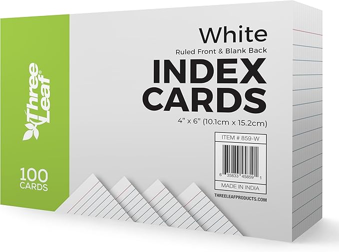 THREE LEAF 4 X 6, INDEX CARDS RULED, 100 CT. WHITE, Ruled Flash Cards, Study Card, Memo Pad, For To-Do List, Art And Craft Projects