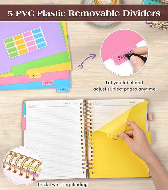 Spiral Notebook Journal with Removable Dividers Tabs, 300 Pages Hardcover Leather 5 Subject College Ruled Notebook, 6.1"x8.2" Large A5 Lined Journal for Women Men Spiral Notebook for Work School,Pink