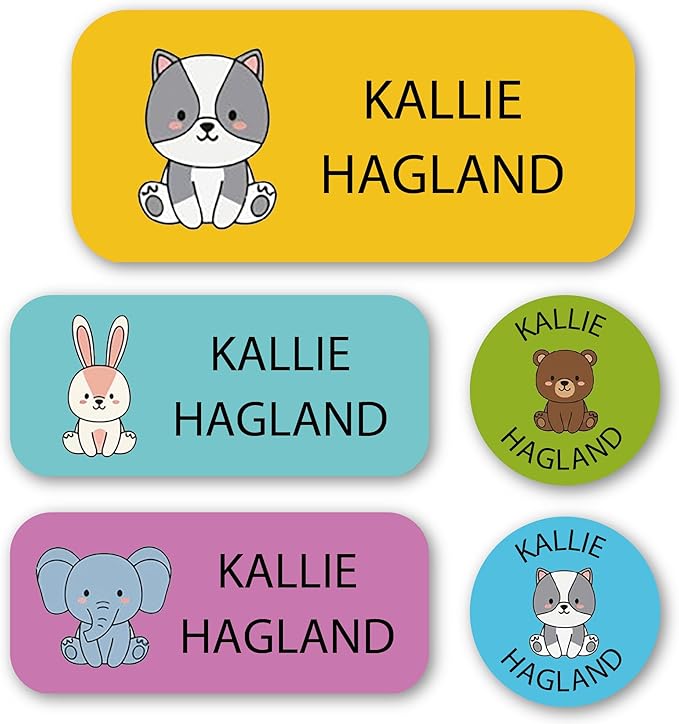 Personalized Kids Name Labels – Waterproof Custom Stickers for Daycare & School, 117 Pack, Dishwasher & Laundry Safe (Animal)