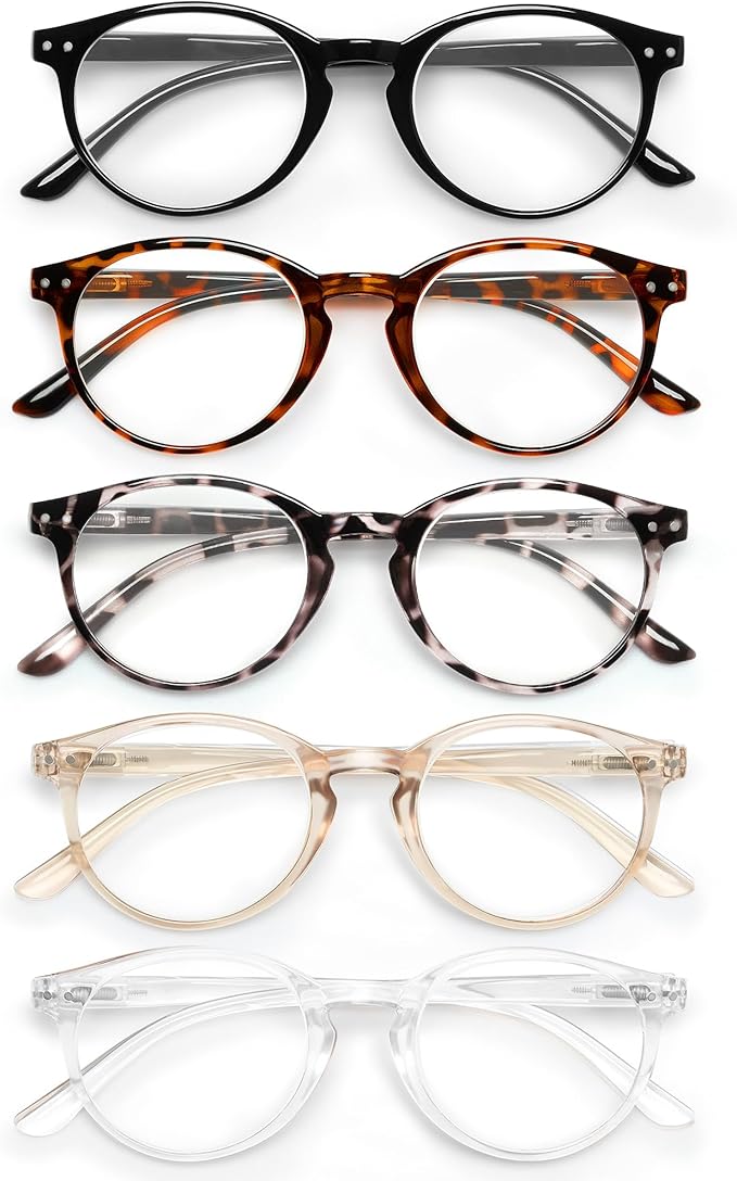 JOLISU 5 Pack Reading Glasses For Women/Men-Blue Light Blocking Computer Reader w/Round Frame-Retro Fake Eyeglasses (Black + Transparent +leopard + tortoise + Orange, 0.75, x)