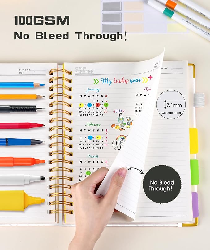 Hardcover Spiral Notebook journal with Removable Dividers Tabs, 300 Pages Leather 5 Subject Notebook College Ruled, 100GMS Notebooks for Work School Note taking,Lined Journal for Women,A5 White