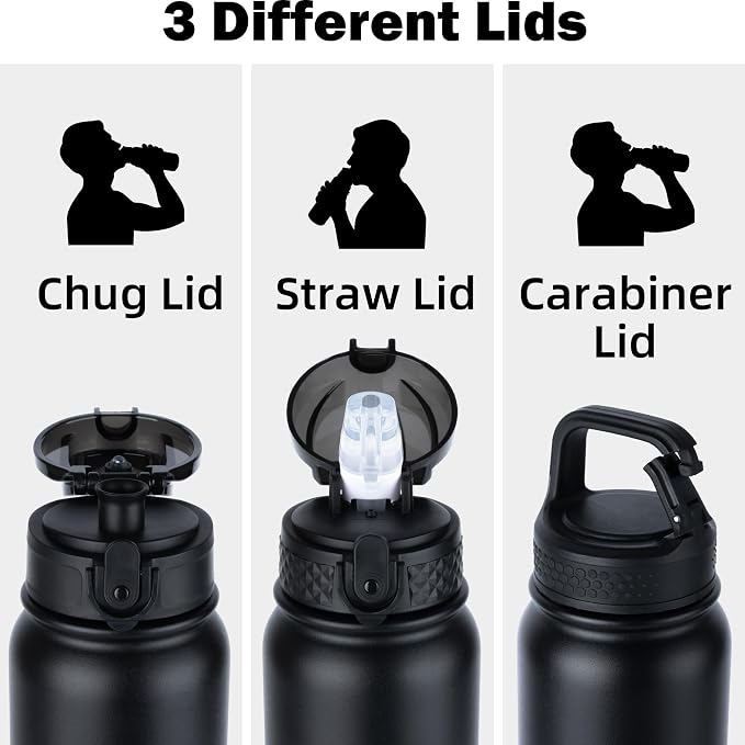 Oldley Insulated Water Bottle 20oz Water Bottles with Straw, Stainless Steel Water Bottle with 3 Lids, Double Wall Vacuum Bottles for Adult Kids, Sports Bottles for School Travel, Black
