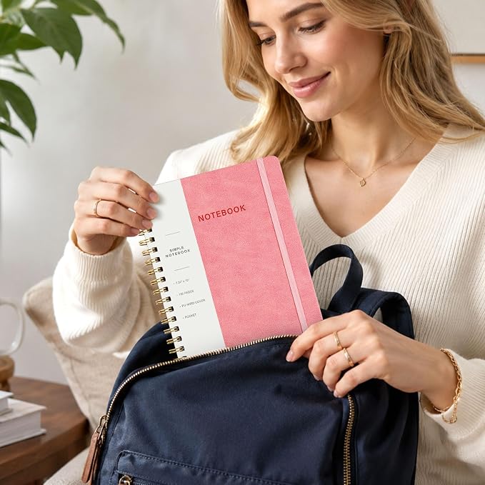 Spiral Notebook - 7.24" x 10" College Ruled Journal with Inner Pockets and 180 Pages, PU Leather Cover Business Journal, Twin-Wire Binding Notebook Perfect for Office & Home School Supplies Pink